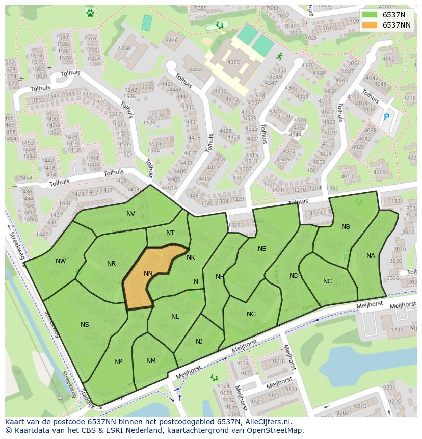 Afbeelding van het postcodegebied 6537 NN op de kaart.