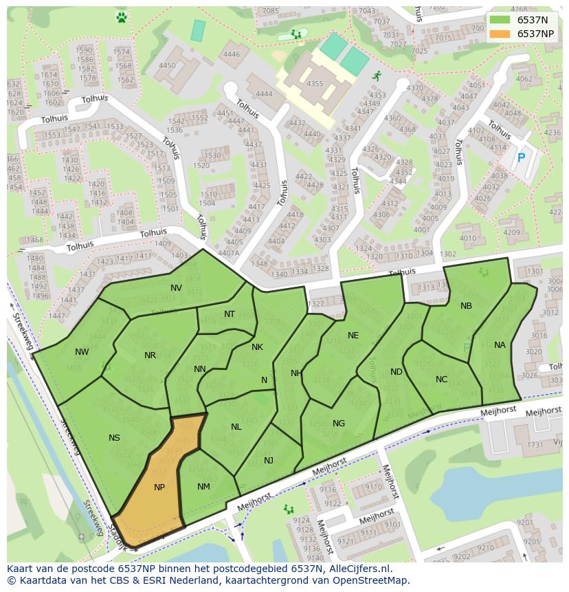 Afbeelding van het postcodegebied 6537 NP op de kaart.