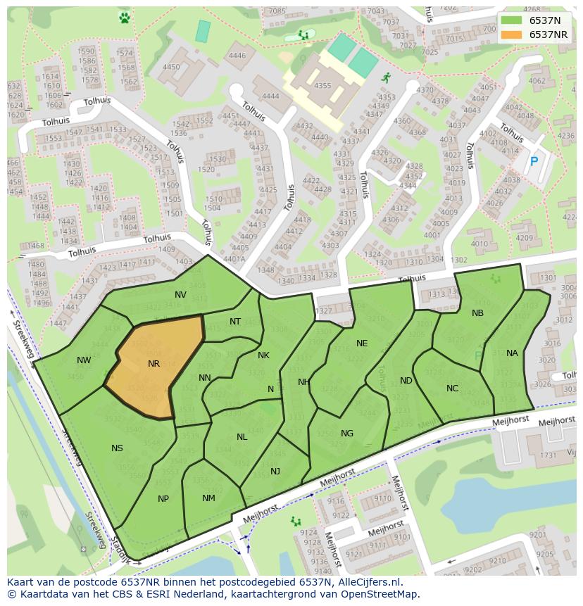 Afbeelding van het postcodegebied 6537 NR op de kaart.