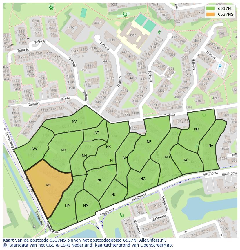 Afbeelding van het postcodegebied 6537 NS op de kaart.