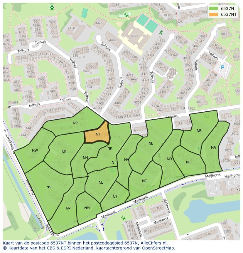 Afbeelding van het postcodegebied 6537 NT op de kaart.