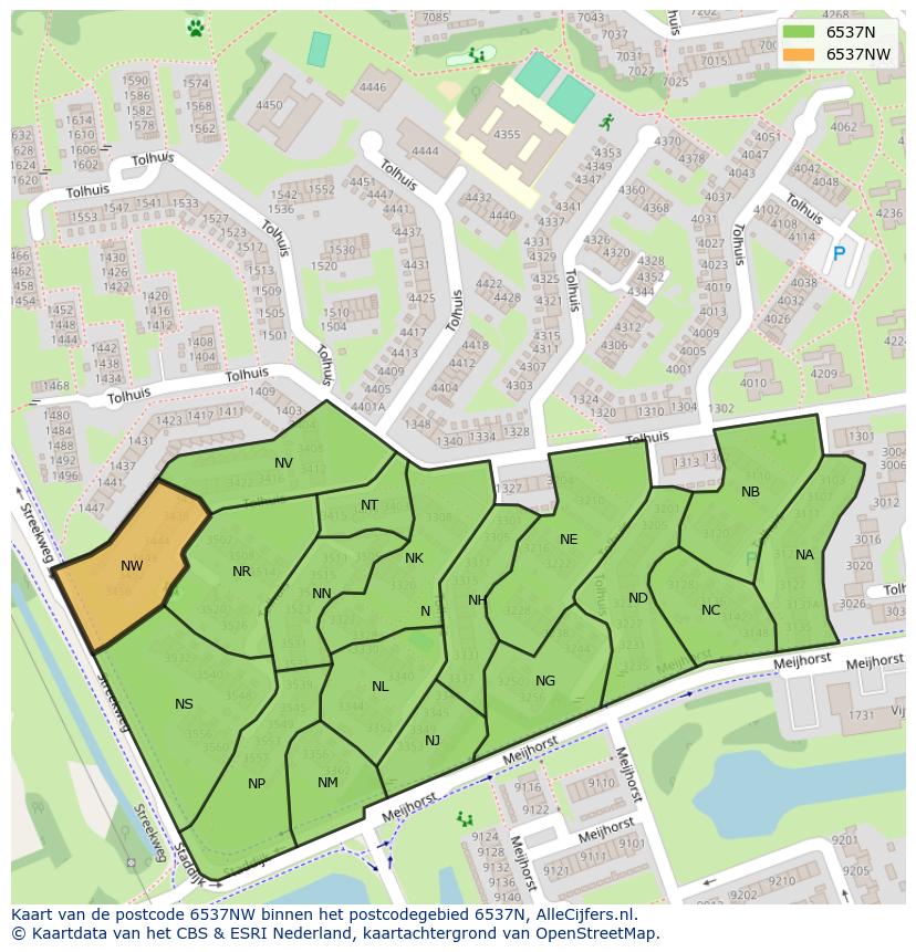 Afbeelding van het postcodegebied 6537 NW op de kaart.