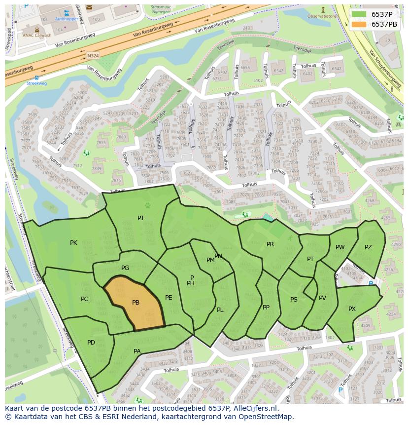 Afbeelding van het postcodegebied 6537 PB op de kaart.