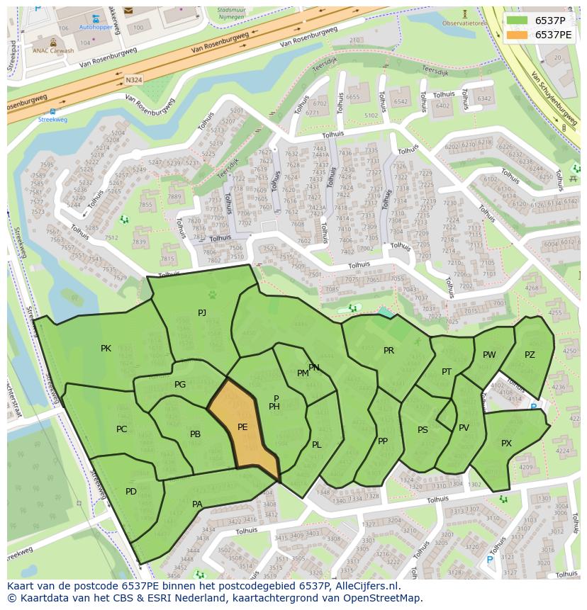 Afbeelding van het postcodegebied 6537 PE op de kaart.