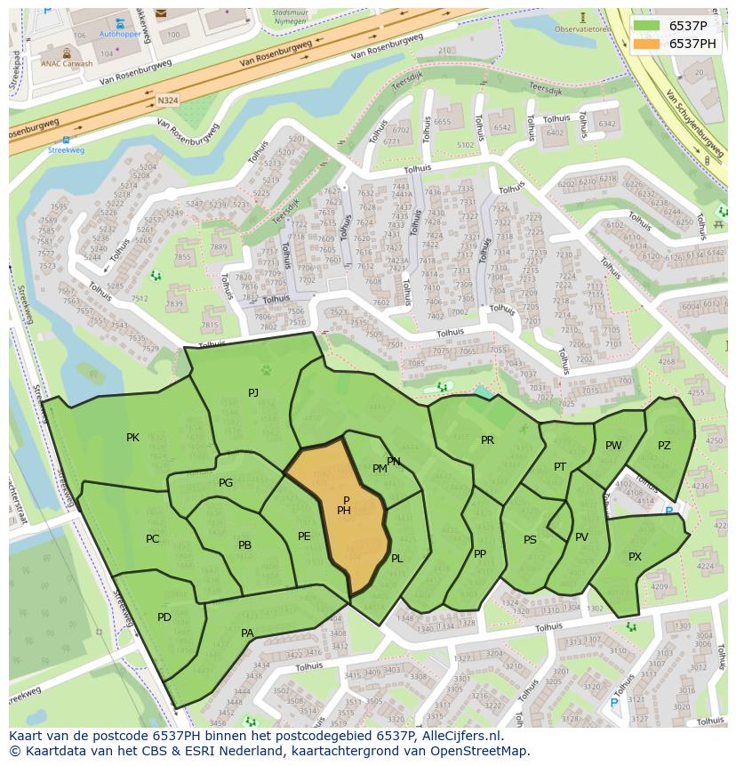 Afbeelding van het postcodegebied 6537 PH op de kaart.