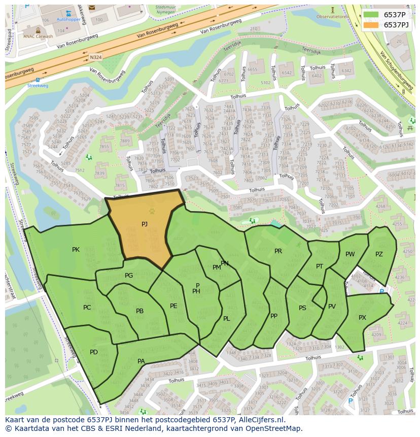 Afbeelding van het postcodegebied 6537 PJ op de kaart.