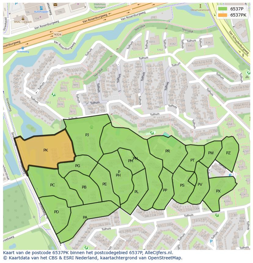 Afbeelding van het postcodegebied 6537 PK op de kaart.
