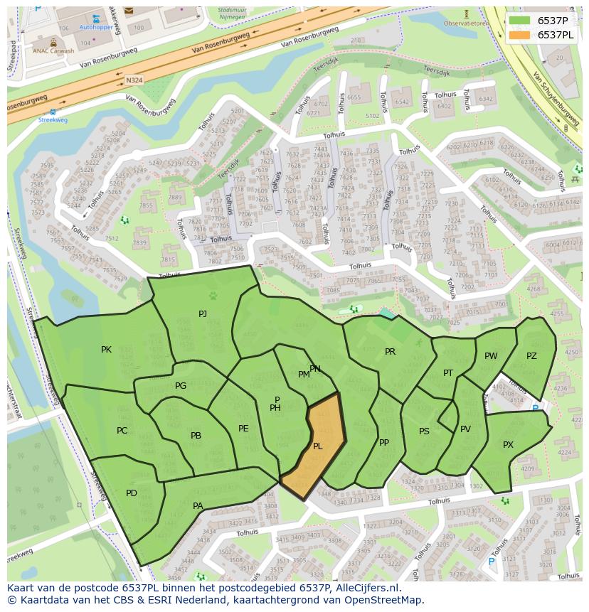 Afbeelding van het postcodegebied 6537 PL op de kaart.