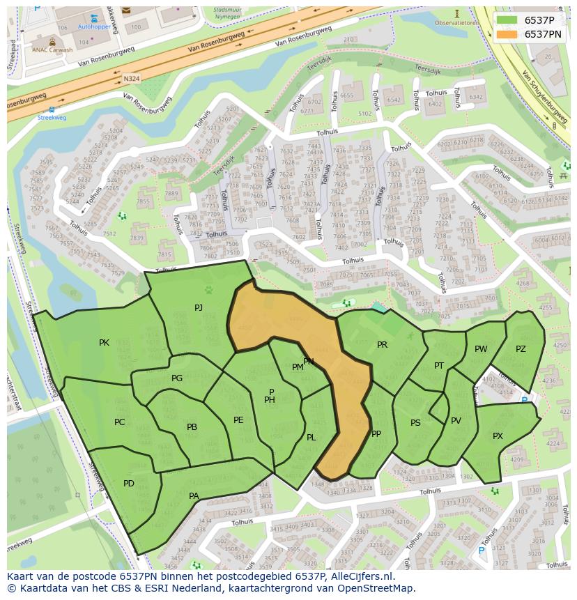 Afbeelding van het postcodegebied 6537 PN op de kaart.
