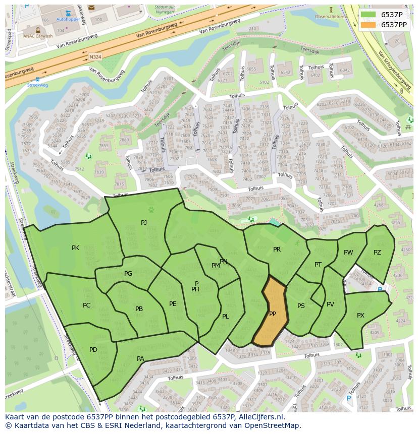 Afbeelding van het postcodegebied 6537 PP op de kaart.