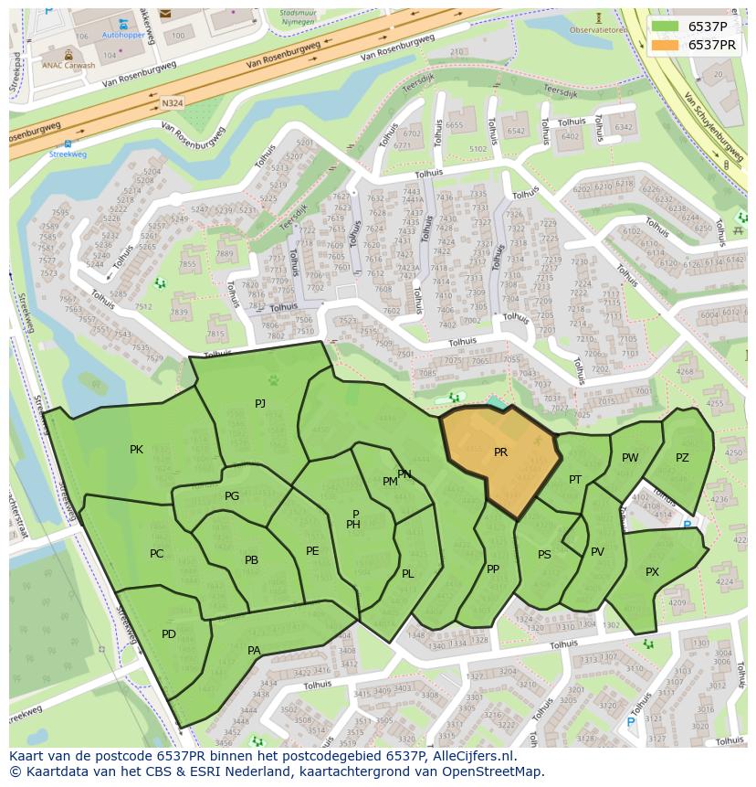 Afbeelding van het postcodegebied 6537 PR op de kaart.