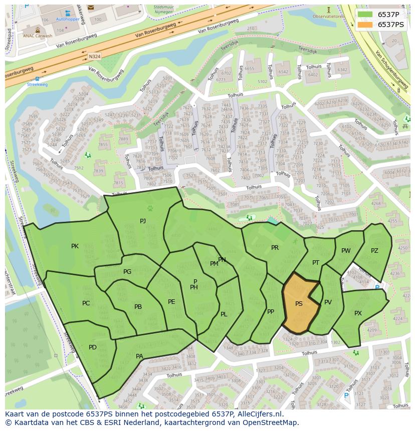 Afbeelding van het postcodegebied 6537 PS op de kaart.