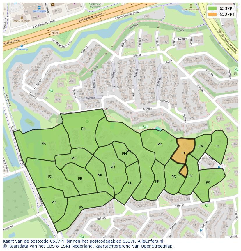Afbeelding van het postcodegebied 6537 PT op de kaart.