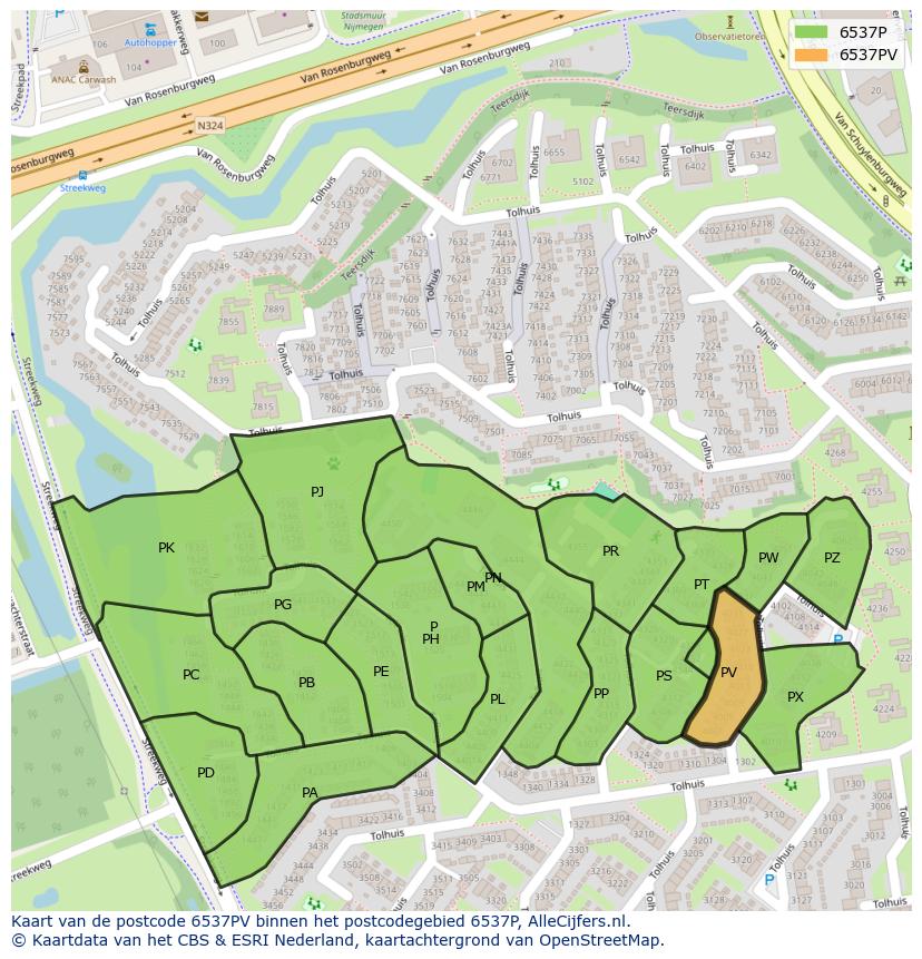 Afbeelding van het postcodegebied 6537 PV op de kaart.
