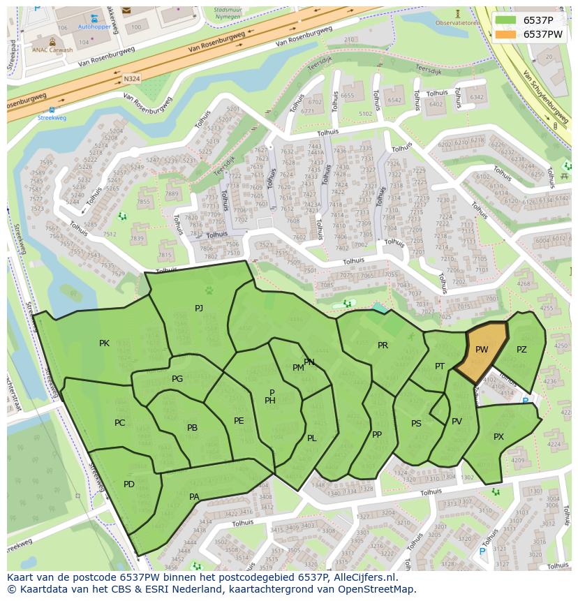 Afbeelding van het postcodegebied 6537 PW op de kaart.