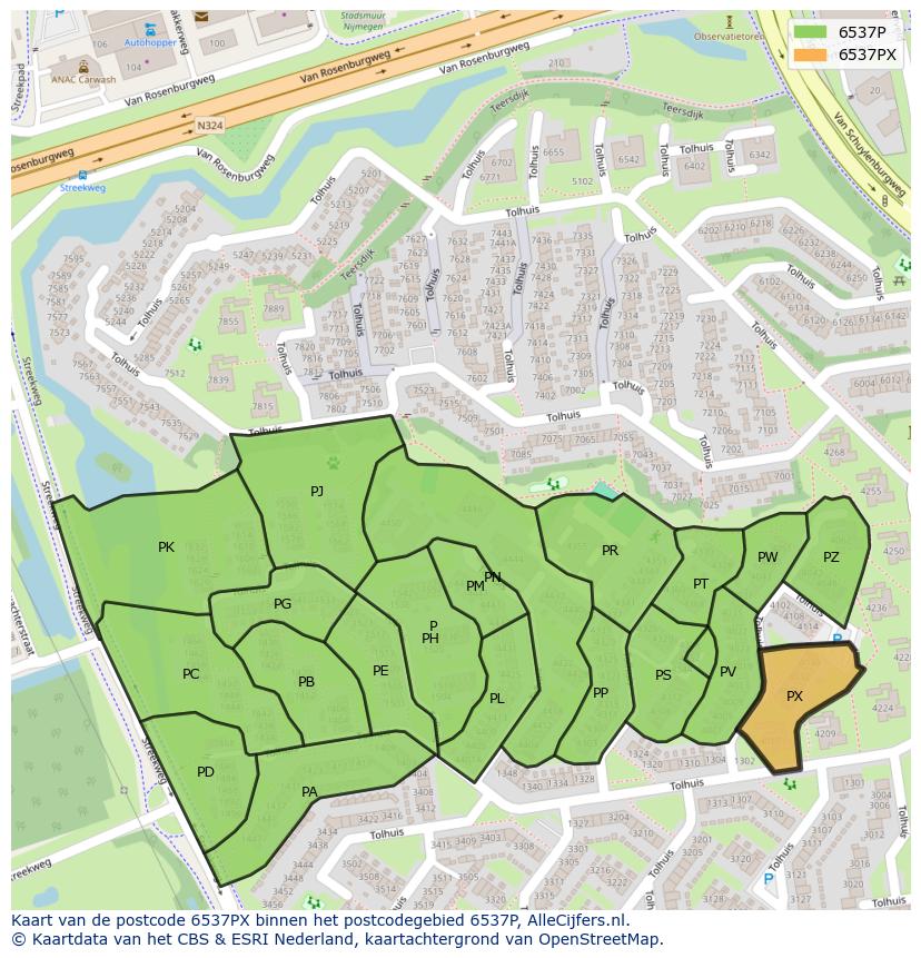 Afbeelding van het postcodegebied 6537 PX op de kaart.