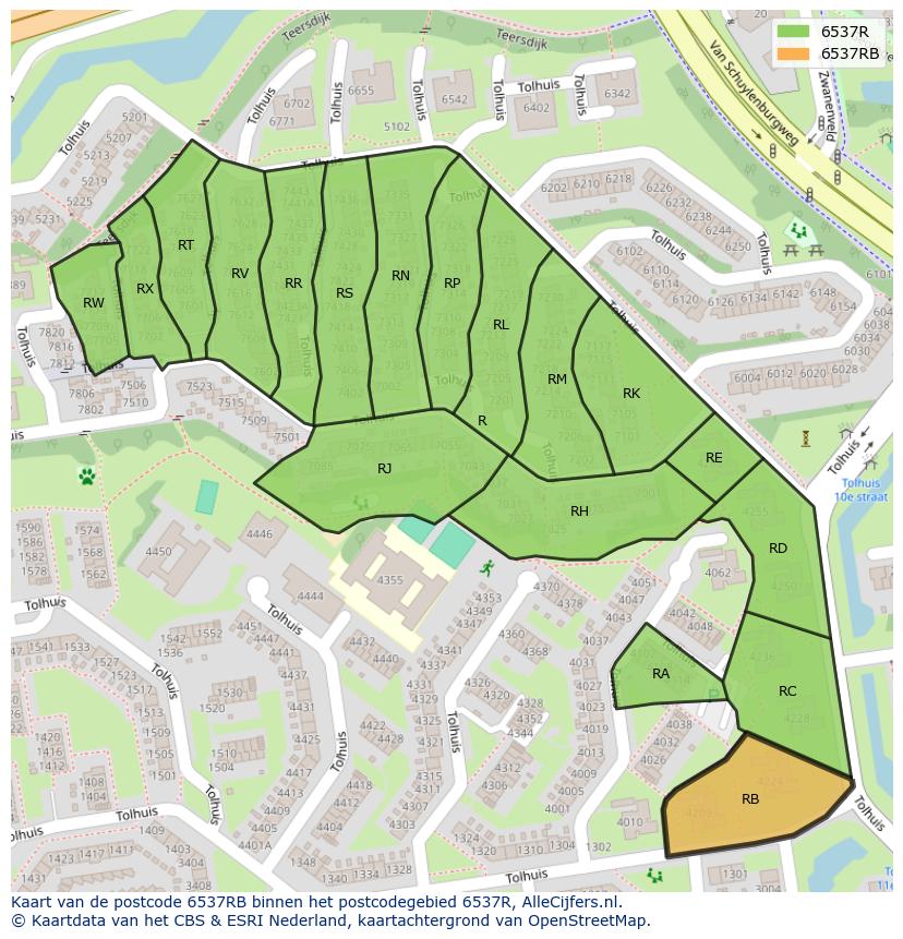 Afbeelding van het postcodegebied 6537 RB op de kaart.