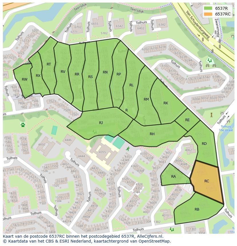 Afbeelding van het postcodegebied 6537 RC op de kaart.