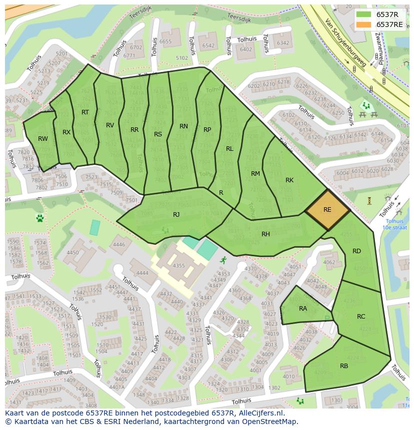 Afbeelding van het postcodegebied 6537 RE op de kaart.