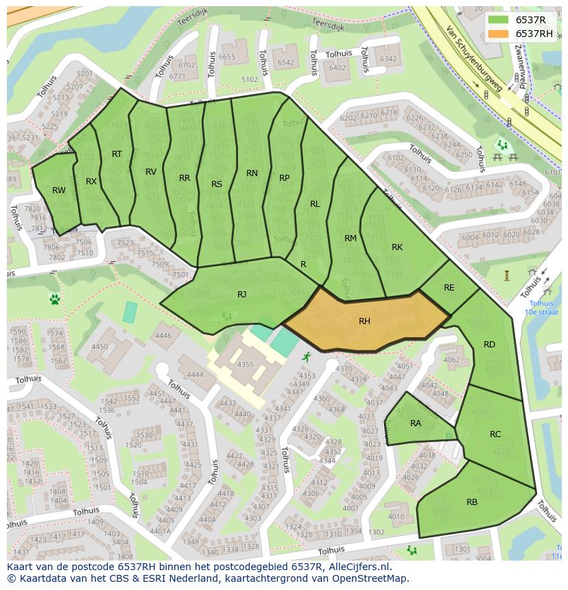 Afbeelding van het postcodegebied 6537 RH op de kaart.