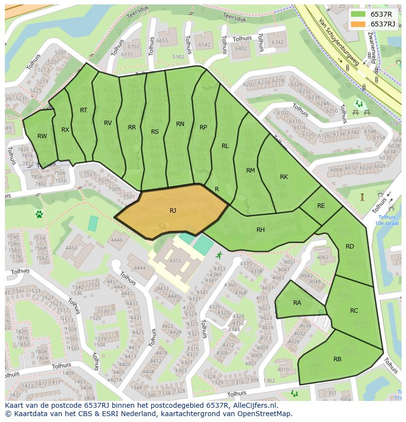 Afbeelding van het postcodegebied 6537 RJ op de kaart.