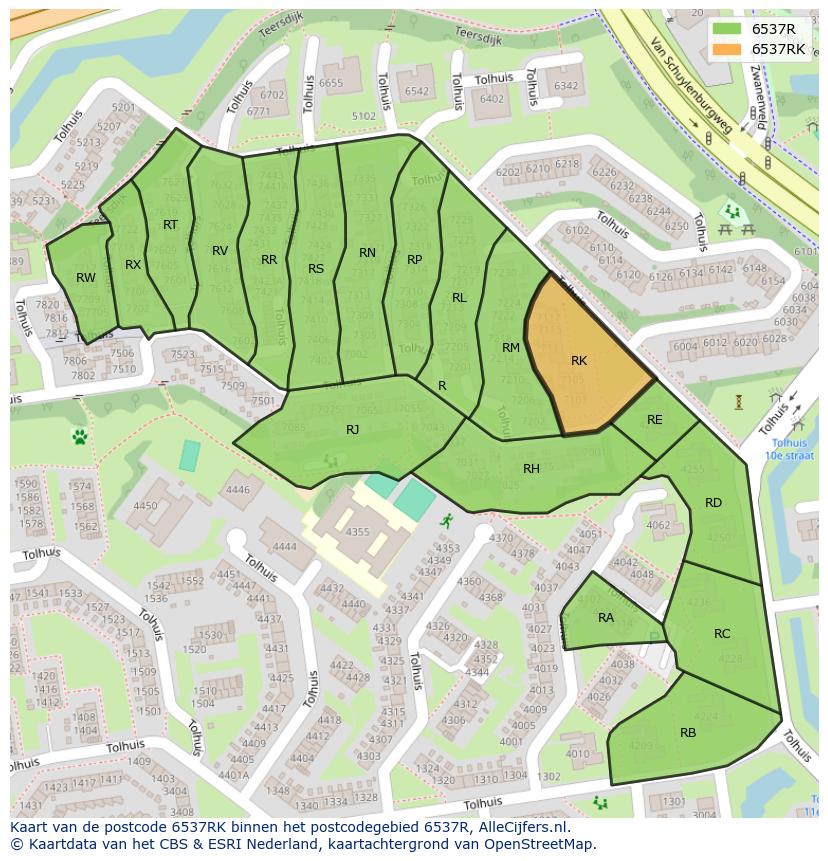 Afbeelding van het postcodegebied 6537 RK op de kaart.