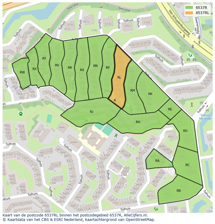 Afbeelding van het postcodegebied 6537 RL op de kaart.