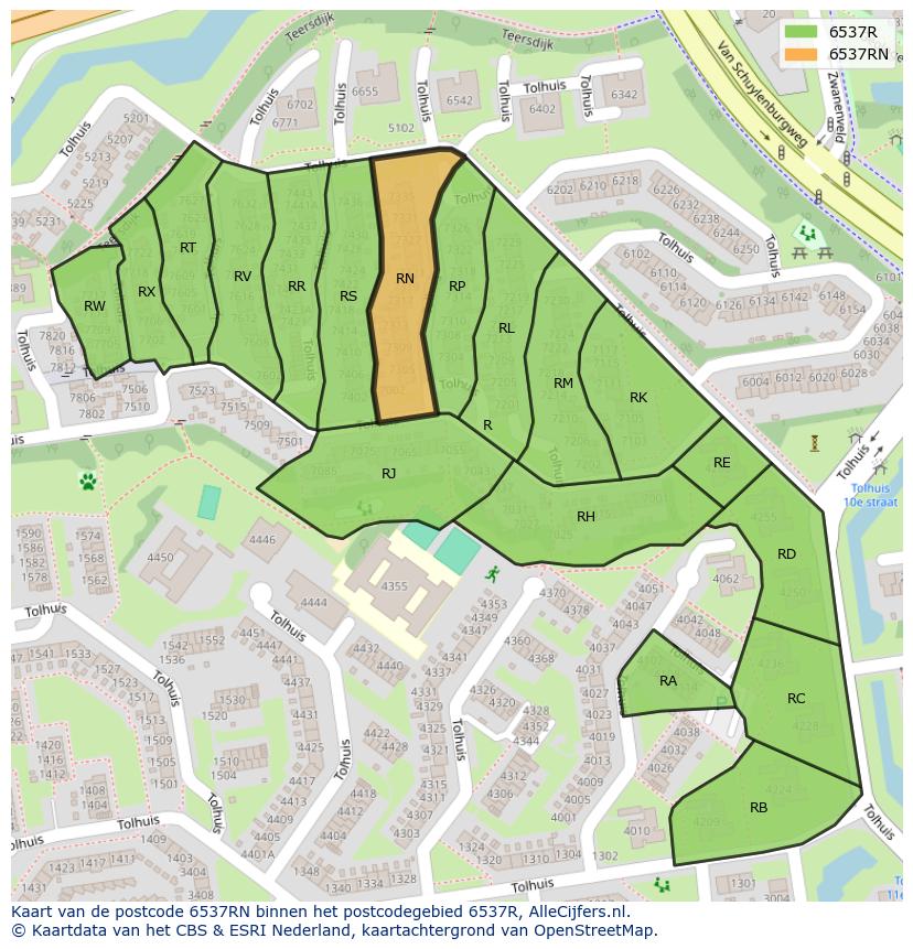 Afbeelding van het postcodegebied 6537 RN op de kaart.
