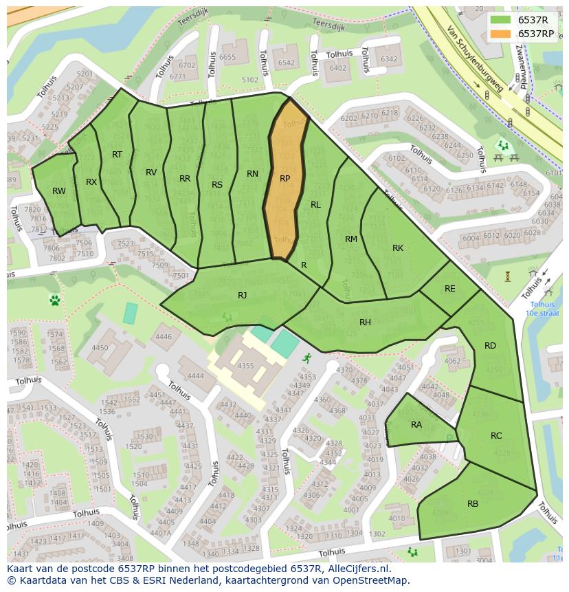 Afbeelding van het postcodegebied 6537 RP op de kaart.