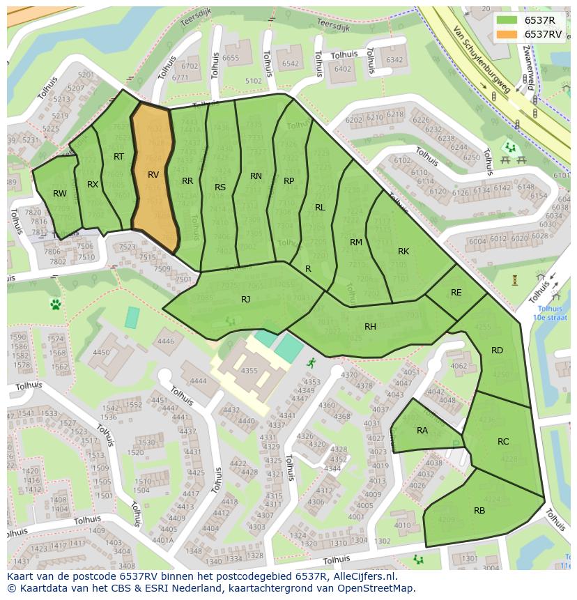 Afbeelding van het postcodegebied 6537 RV op de kaart.