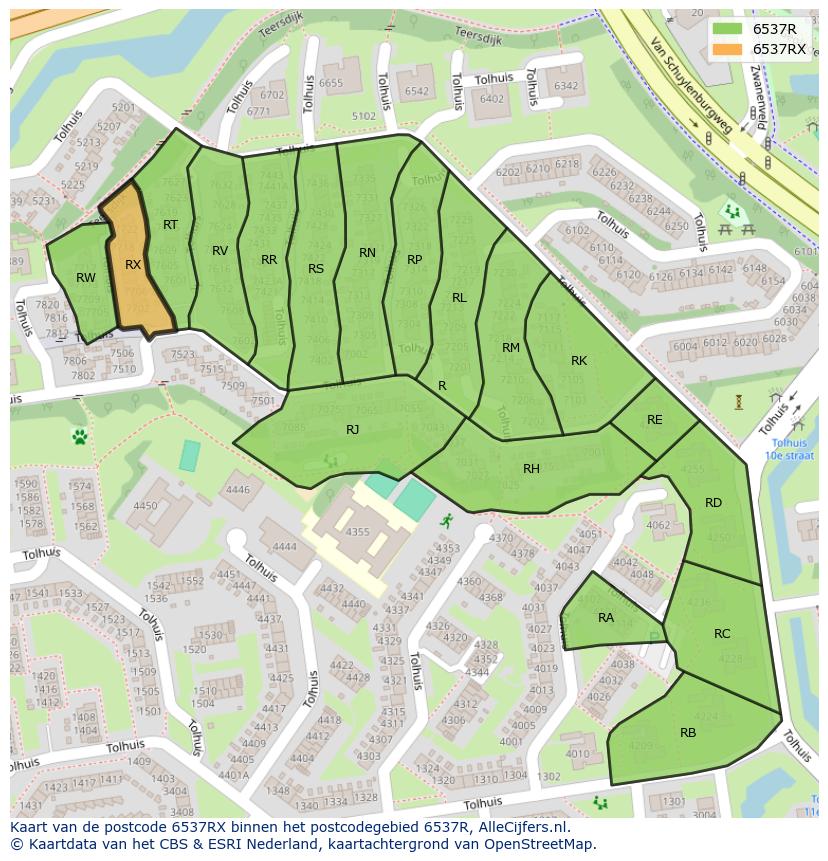 Afbeelding van het postcodegebied 6537 RX op de kaart.