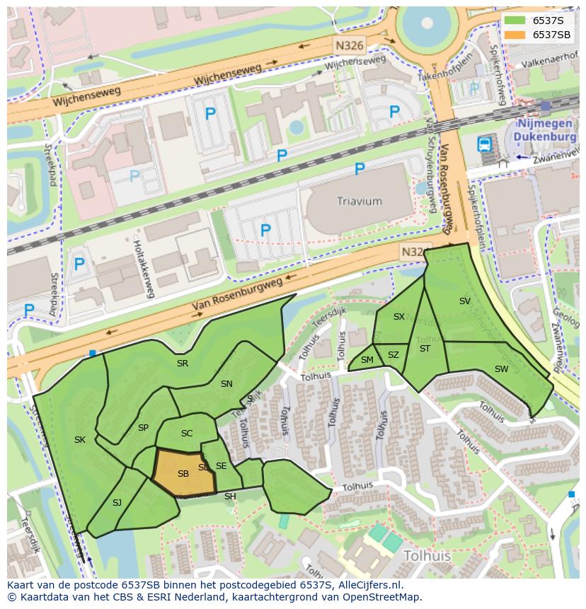 Afbeelding van het postcodegebied 6537 SB op de kaart.
