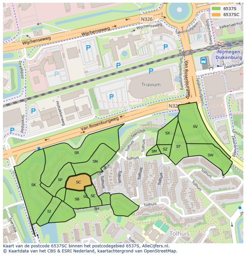 Afbeelding van het postcodegebied 6537 SC op de kaart.