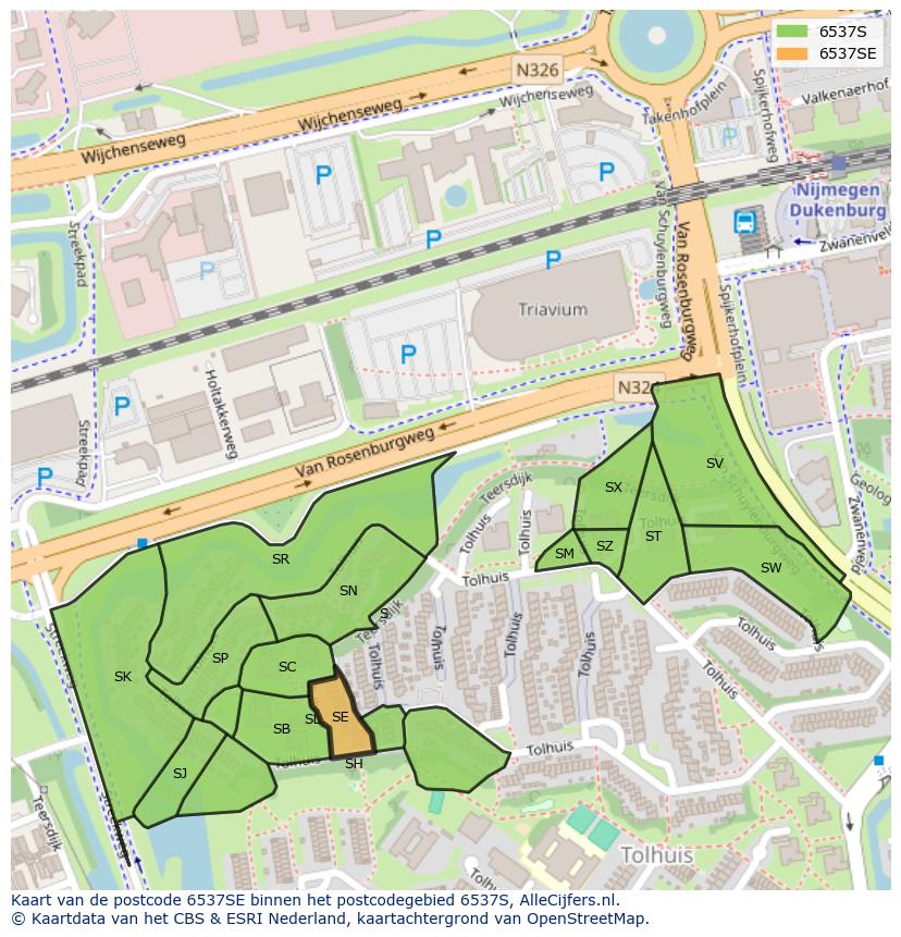 Afbeelding van het postcodegebied 6537 SE op de kaart.