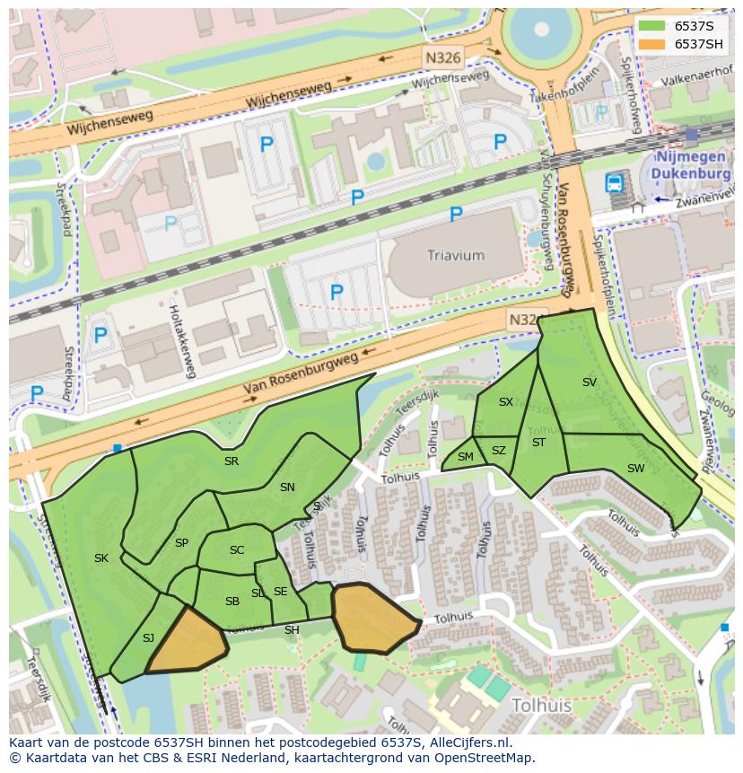 Afbeelding van het postcodegebied 6537 SH op de kaart.