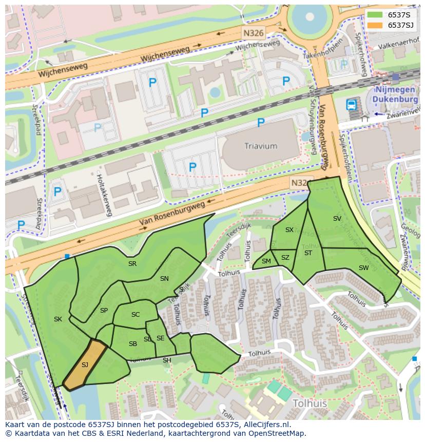 Afbeelding van het postcodegebied 6537 SJ op de kaart.