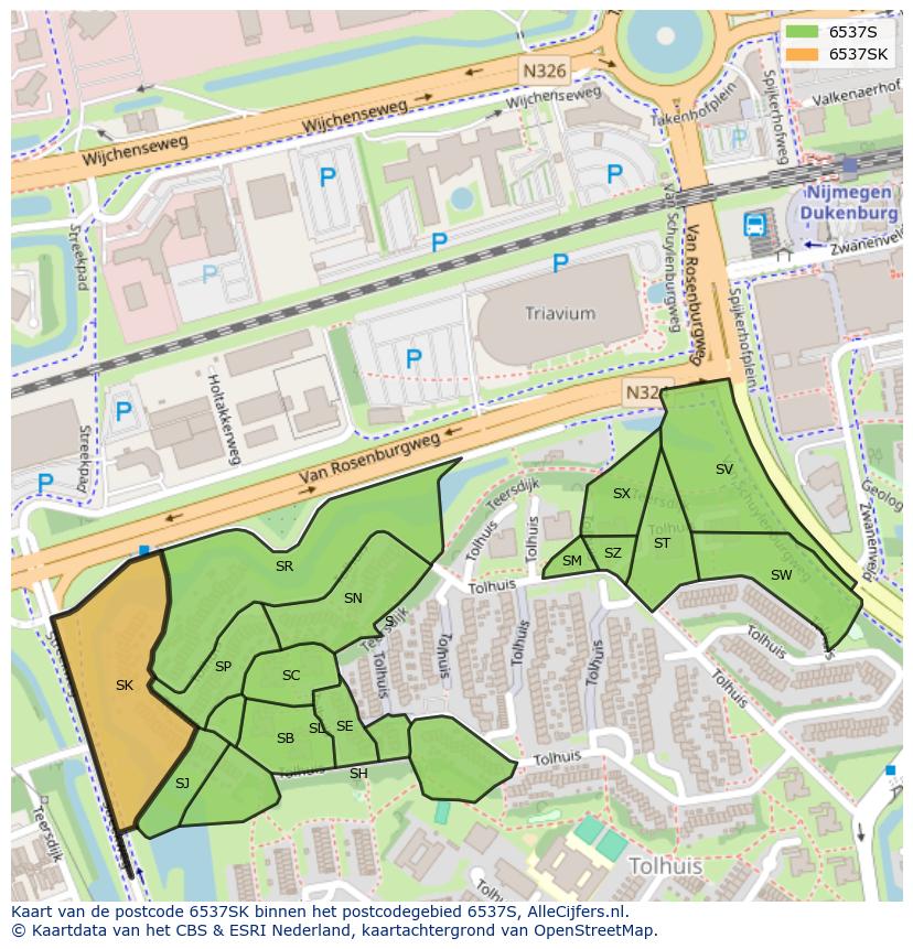 Afbeelding van het postcodegebied 6537 SK op de kaart.