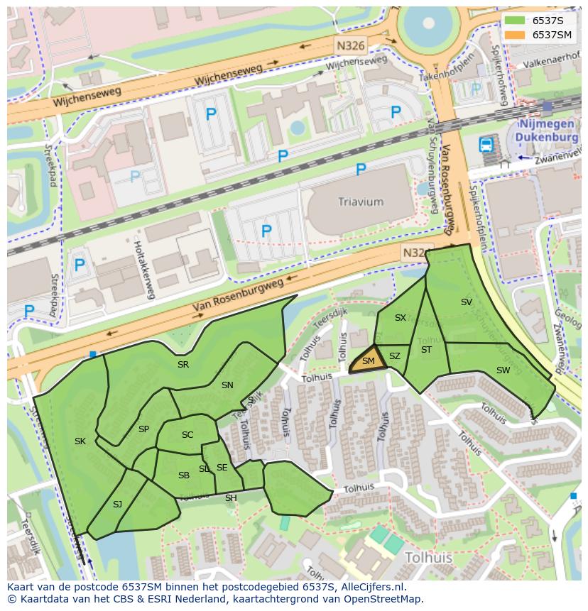 Afbeelding van het postcodegebied 6537 SM op de kaart.