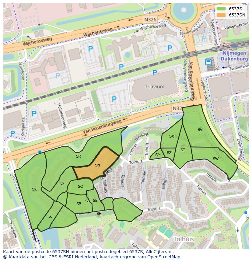 Afbeelding van het postcodegebied 6537 SN op de kaart.