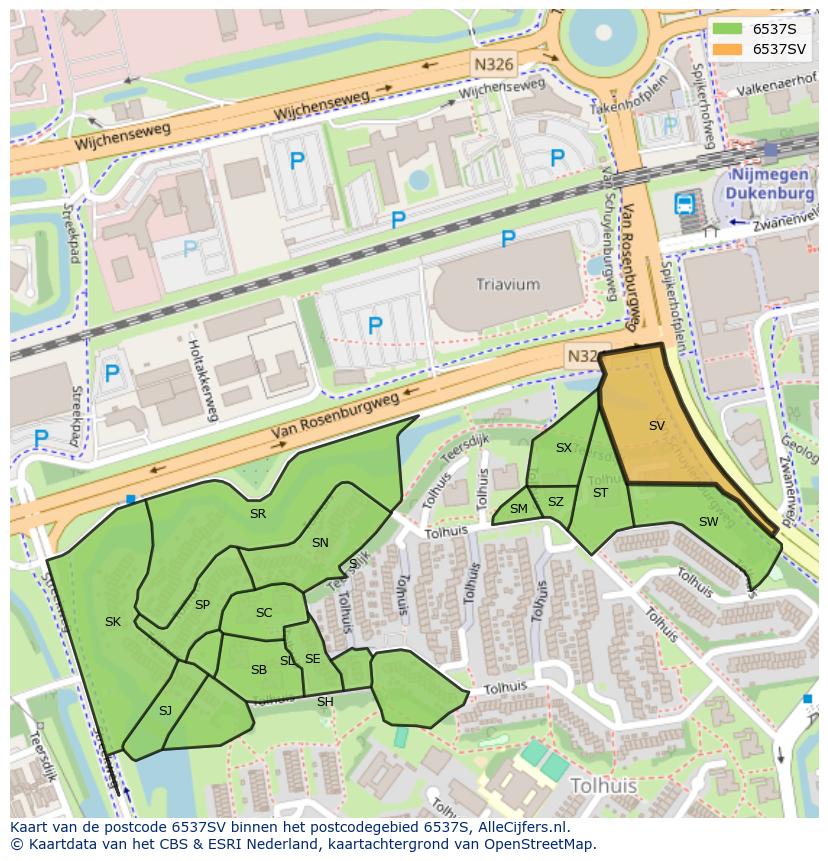 Afbeelding van het postcodegebied 6537 SV op de kaart.