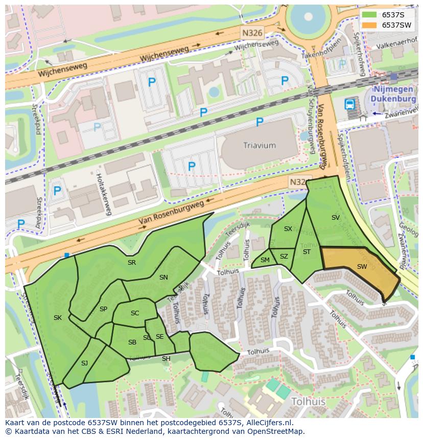 Afbeelding van het postcodegebied 6537 SW op de kaart.