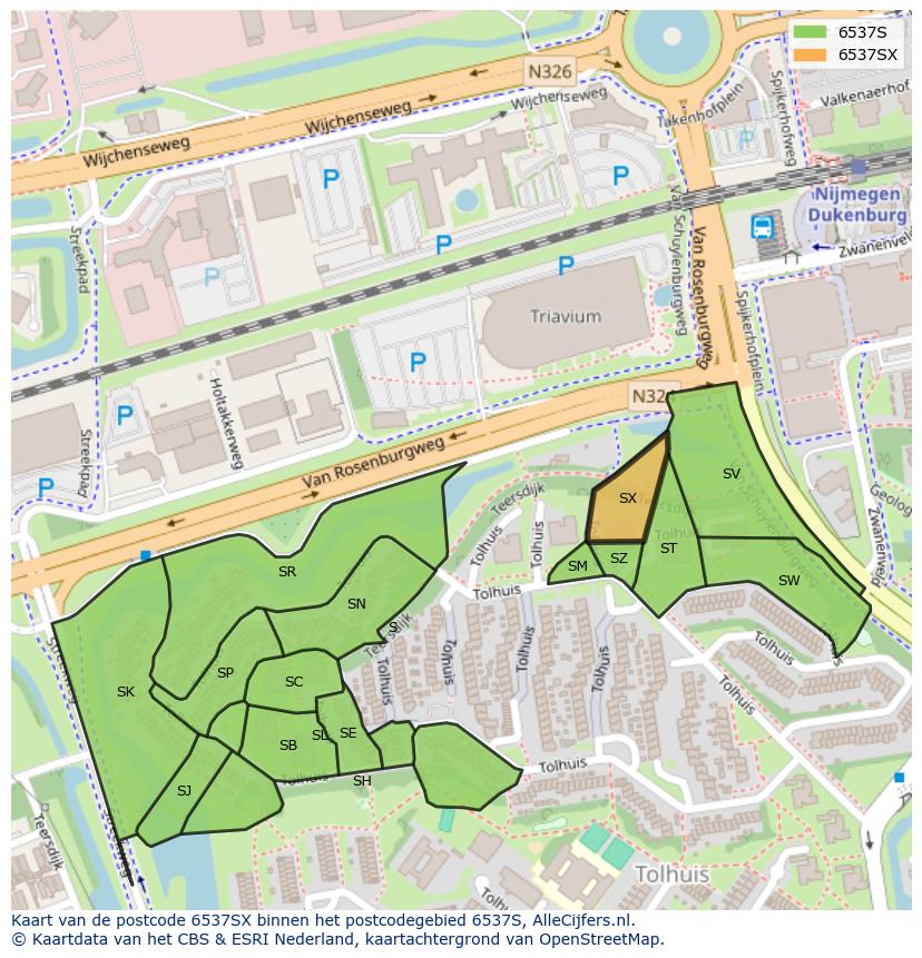 Afbeelding van het postcodegebied 6537 SX op de kaart.