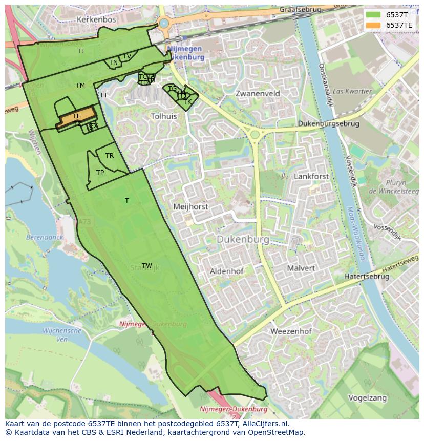 Afbeelding van het postcodegebied 6537 TE op de kaart.
