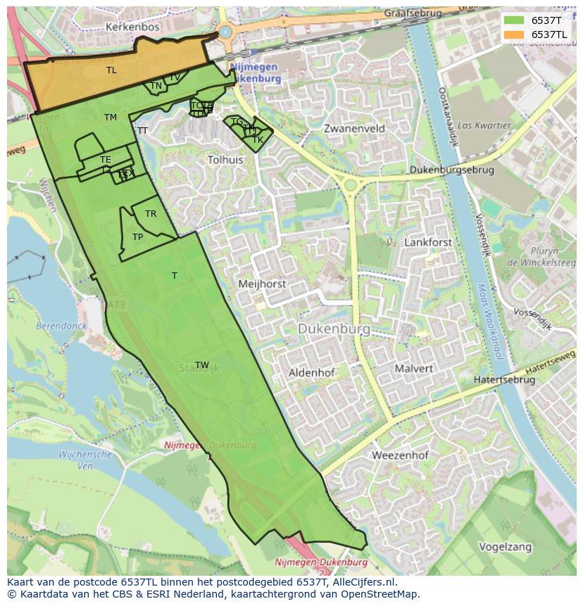 Afbeelding van het postcodegebied 6537 TL op de kaart.