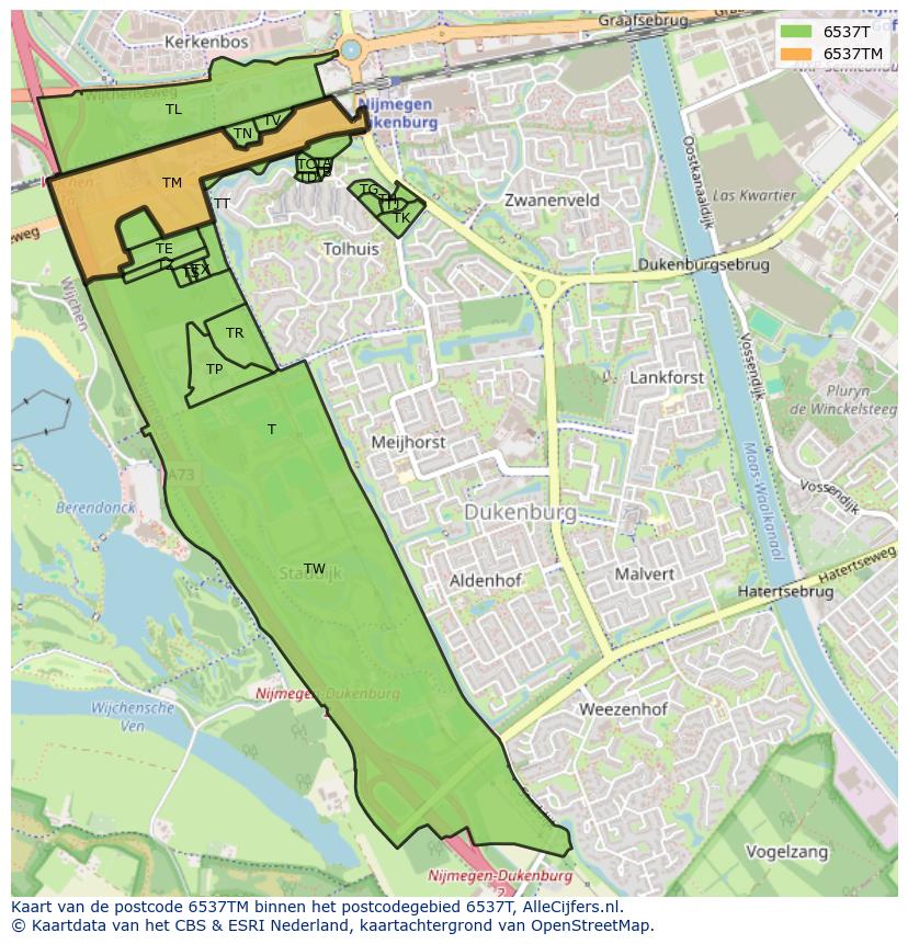 Afbeelding van het postcodegebied 6537 TM op de kaart.