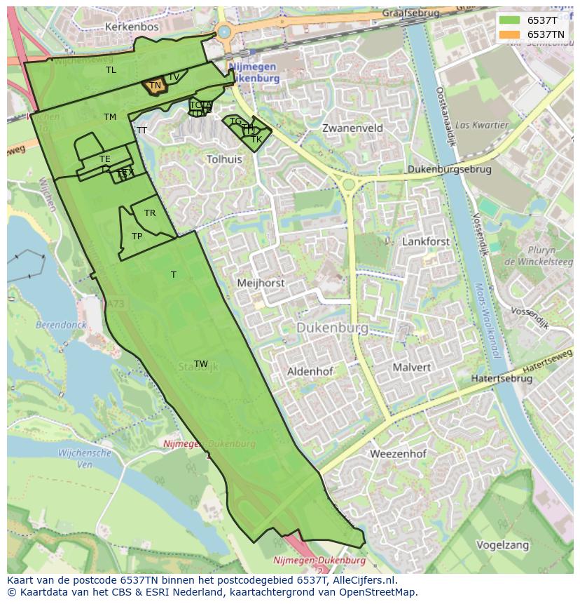Afbeelding van het postcodegebied 6537 TN op de kaart.