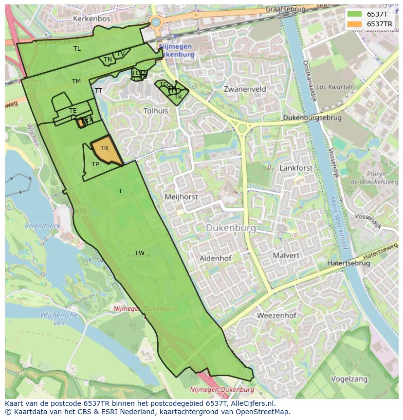 Afbeelding van het postcodegebied 6537 TR op de kaart.