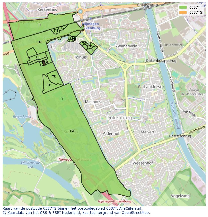 Afbeelding van het postcodegebied 6537 TS op de kaart.