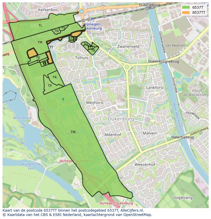 Afbeelding van het postcodegebied 6537 TT op de kaart.