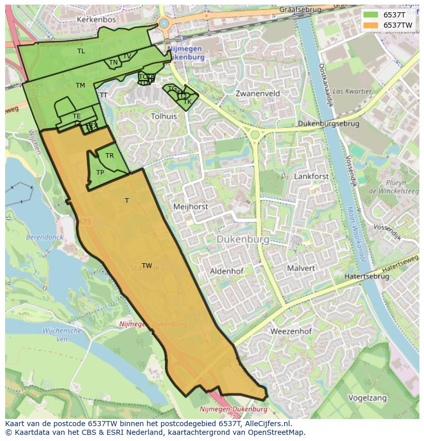 Afbeelding van het postcodegebied 6537 TW op de kaart.